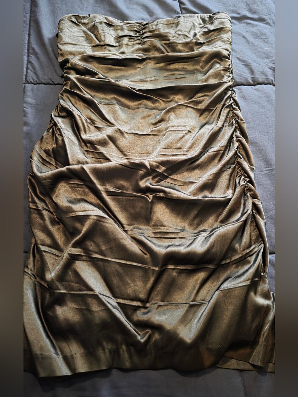 Black Satin Ruched Strapless Dress